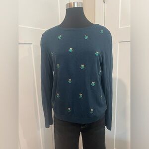 Talbots knit sweater with bejeweled owls size Large Teal